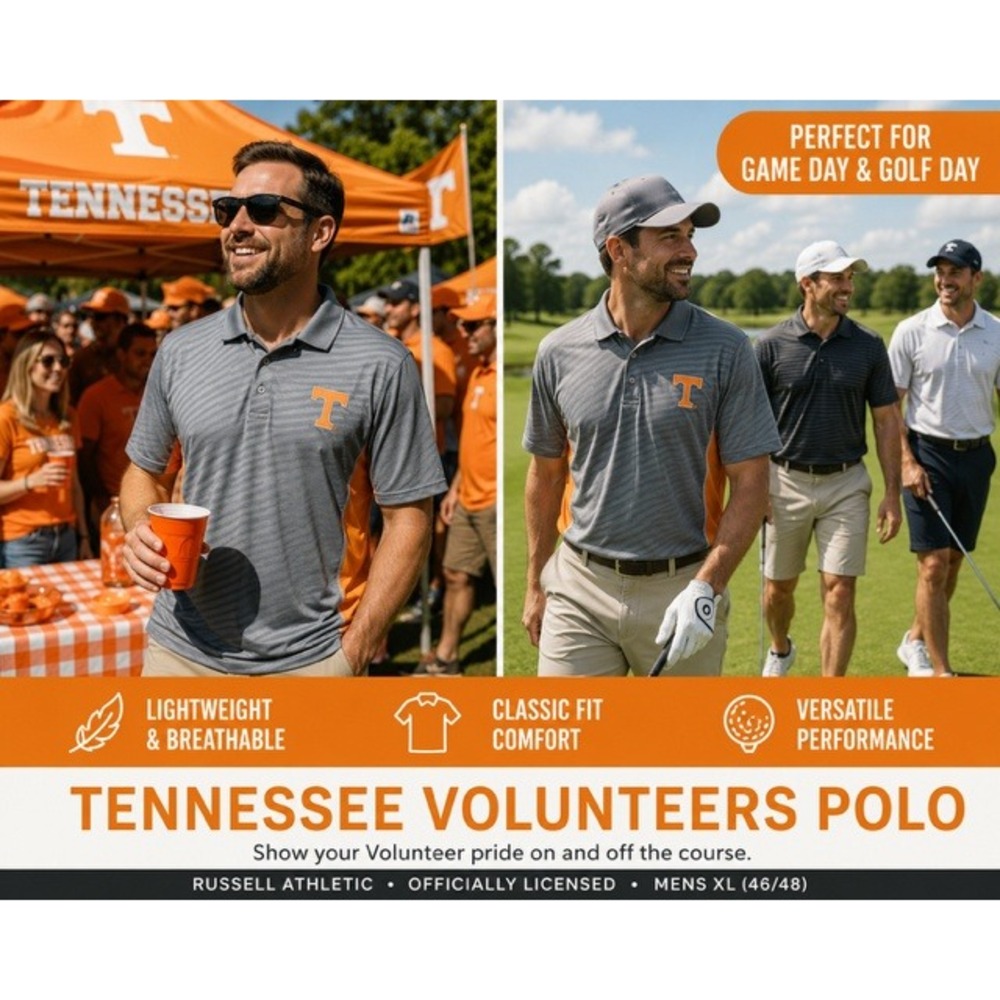 Russell Athletic Tennessee Volunteers Polo Men Large Grey Orange NCAA Golf Shirt